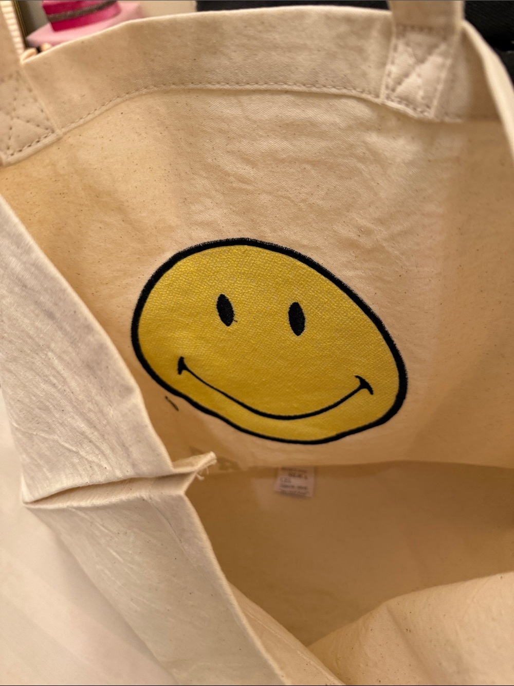 Sandro Cream Canvas Tote with Yellow Smiley - Picture 4 of 4